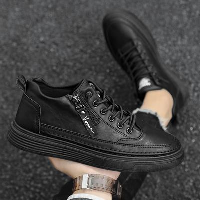 Fashionable Zippered Leather Shoes, Comfortable Sports Shoes, One Foot High Top Leather Casual Flat Ankle Boots, Men's Shoes