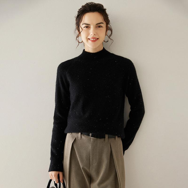 Autumn And Winter New Semi-Turtleneck Cashmere Pullover Sweater Idea Yarn Thin Age-Reducing Long Sleeves Solid Color Thin Knitted Top Women
