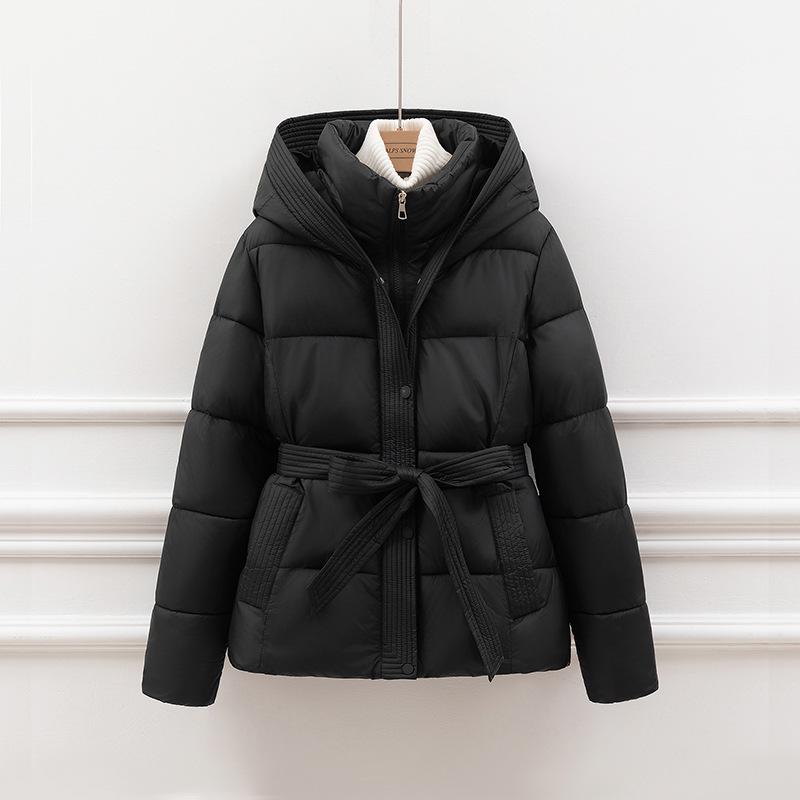 2025 New Korean Version Thickened Cotton-padded Clothes Women's Short Waist Slim-fitting Hooded Lace-up Warm Jacket