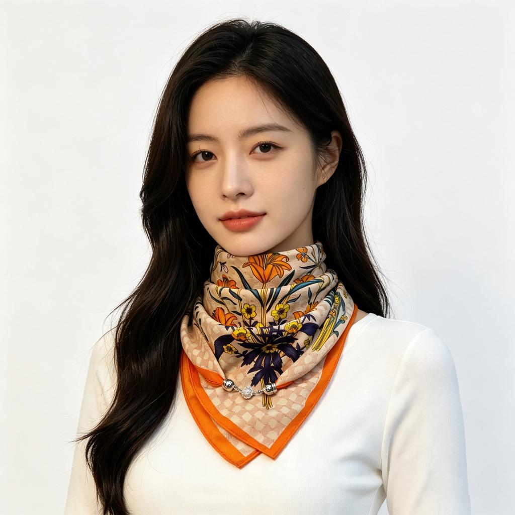 Magnetic silk scarf buckle chain silk scarf small square scarf spring, autumn and winter advanced sense matching shirt scarf neck protection scarf wom