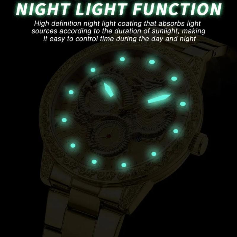 Men's Three Flame Dragon Quartz Watch Golden Dragon Relief Waterproof Luminous Calendar Watch Festival Gift