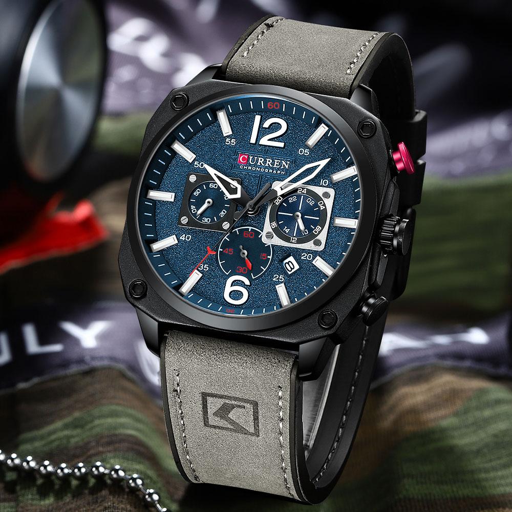 Chronograph Wristwatch Calendar Sport Mens Watches Military Fashion Square Dial Leather Male Clock Gift Luminous Waterproof