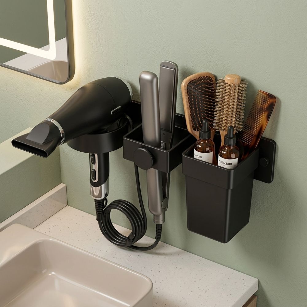 Multi-Slot Hair Straightener Holder Detachable Cup Blow Dryer Wall Holder Bathroom Accessories