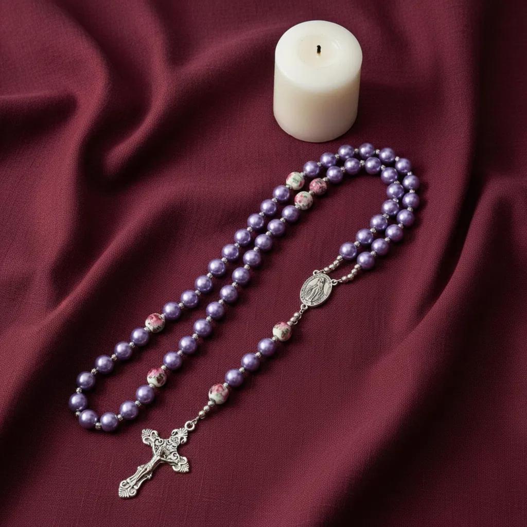 Nazareth Store Purple Pearl Bead Rosary FlowerMetal Necklace Beads Miracle Medal & Cross Rosary Unisex, 1.6" X 0.6" X 21.30", Zinc, No Gemstones.