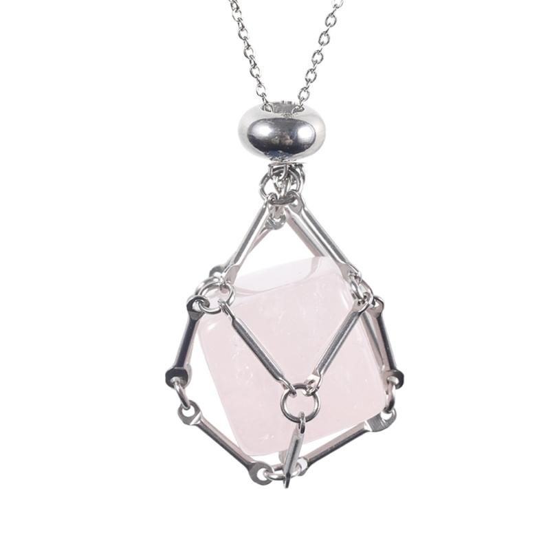 Handcrafted Square Crystal Pendant Necklace With Flexible Bamboo Link Chain And Secure Mesh Cage Setting For Elegant Occasions
