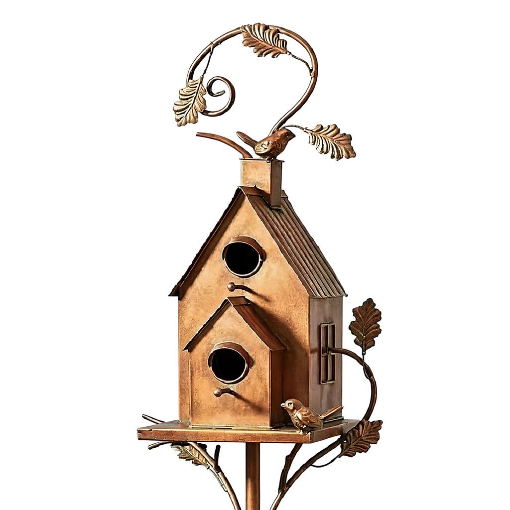 Handmade Iron Birdhouse Metal Garden Stakes Bird House Pole Stand Rustic Feeder Nesting Box for Outside Patio