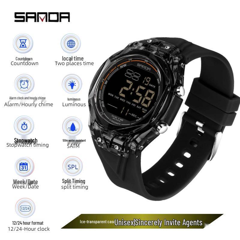 Sanda Waterproof Sports Watch: Multifunctional with Countdown, Dual Time Zone, Alarm for Students