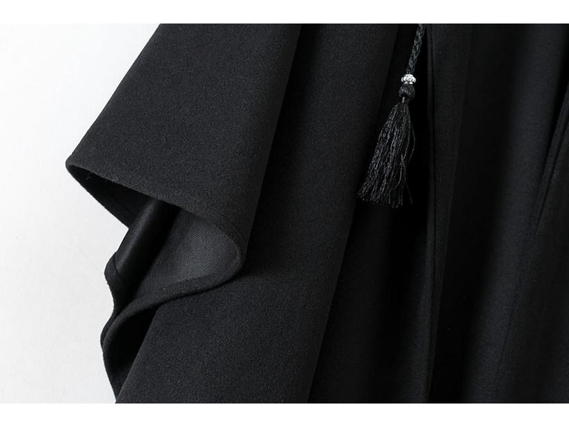 Women's Black Woolen Hooded Cloak Coat, Autumn 2022, Long Style, European American Design, with Hang Tag