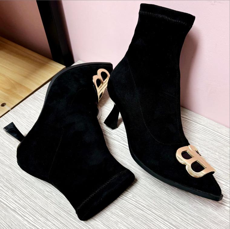 

French pointed thin heel bb buckle suede elastic thin short boots women s thin heel temperament is not tired of high heels women 40 чёрный
