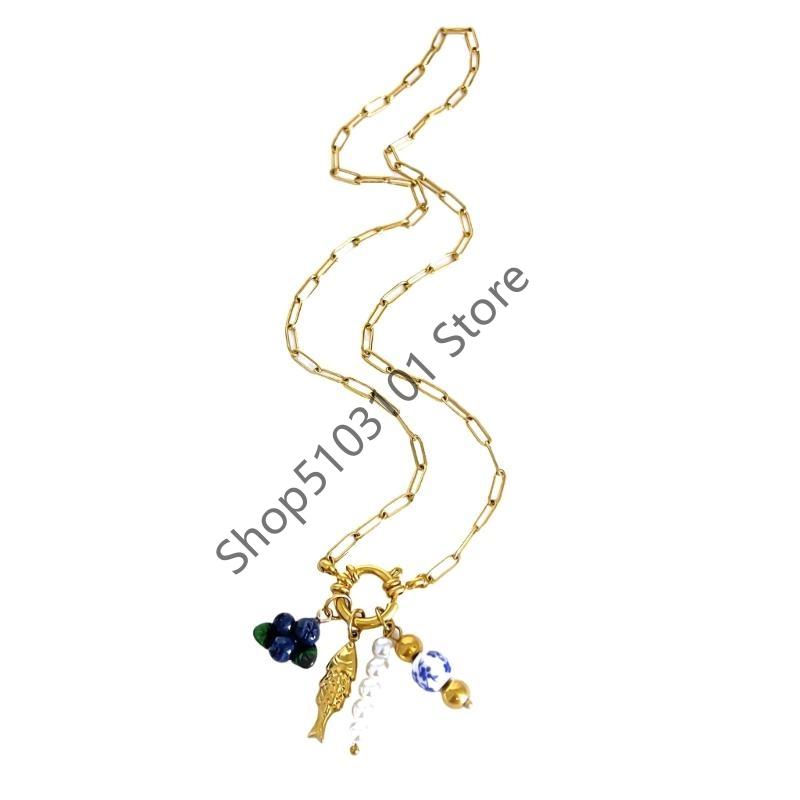 X6HE Imitation Pearls Necklace with Grape Blueberry Shell Pendant Creative Fashion Necklace for Women Stainless Steel Texture голубика