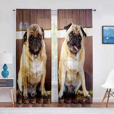 Cute Puppy Pug Dog Twins Tulle Curtains for Living Room Bedroom Home Kitchen Animals Window Sheer Voile Curtains Chiffon Drapes