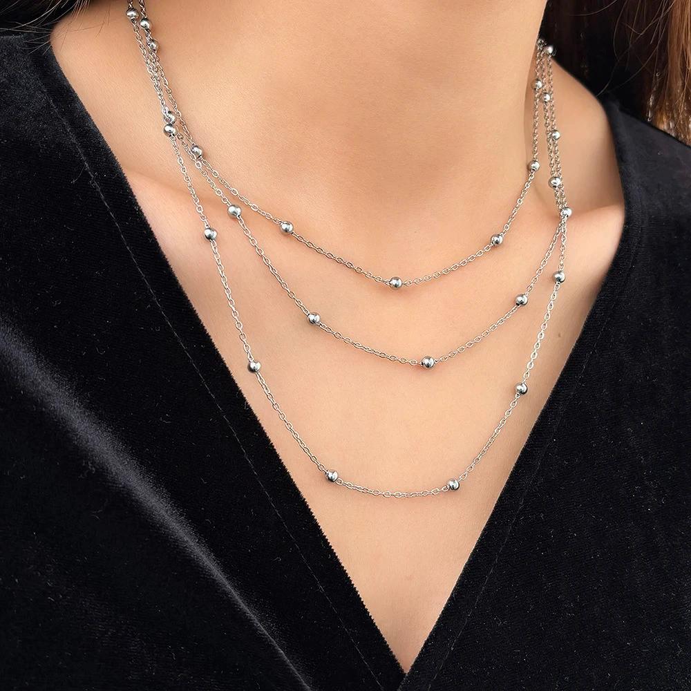 Stainless Steel Necklace New High-end Atmosphere Delicate Beads Multi-Layers Chain Bone Necklace For Women  Party Gifts
