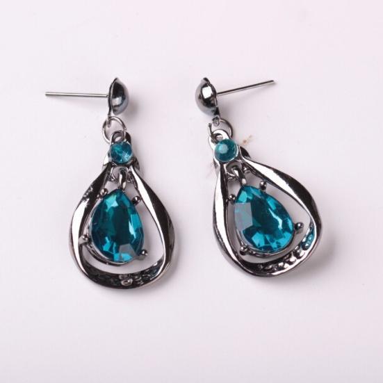 Women Fashion Water-drop Faux Sapphire Dangle Ear Studs Necklace Jewelry Set
