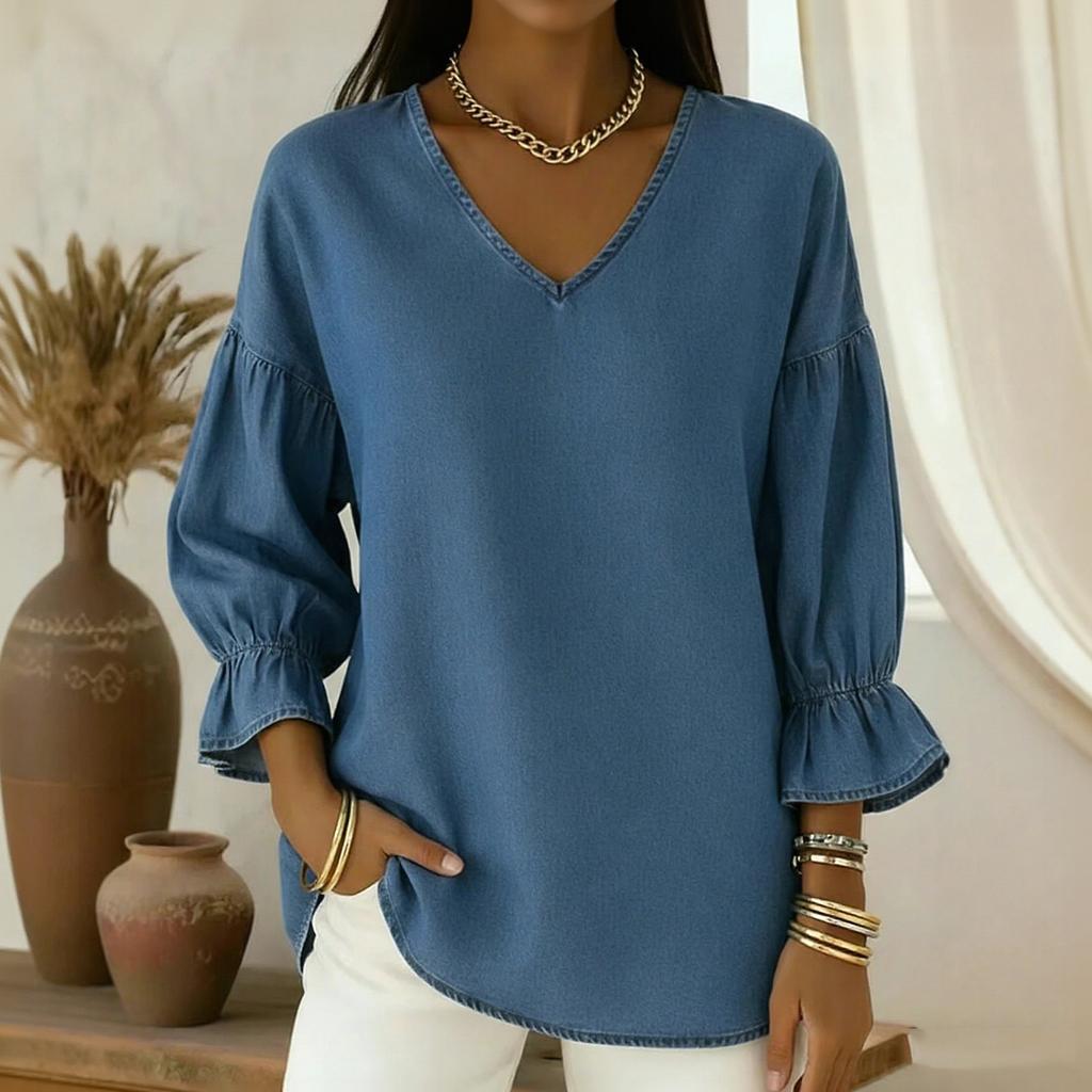 Women's -color Casual Nine-quarter Sleeve Retro V-neck Shirt