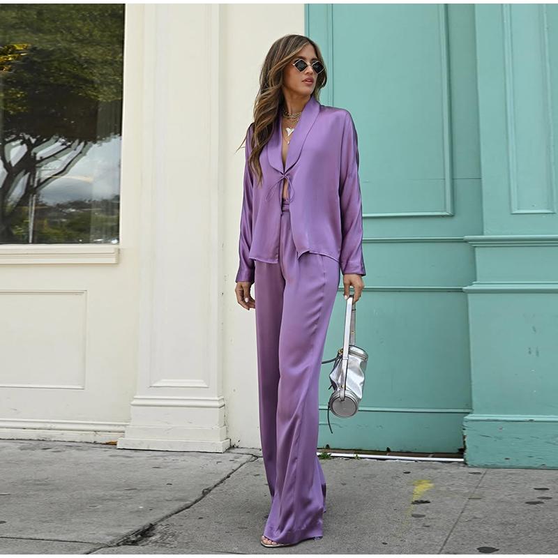 Casual Long Sleeved Commuting Suit Elegant Women V Neck Lace Up Top Pants Outfit 2025 Spring Summer High Street Satin Two Piece Set