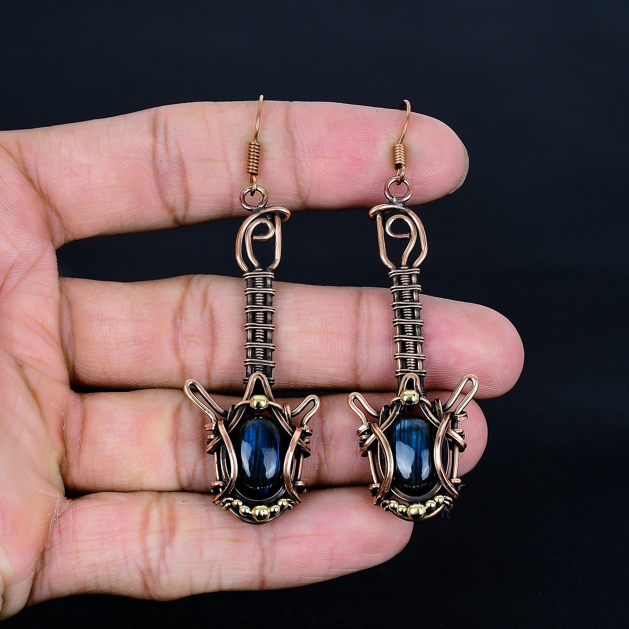 

Серьги из лабрадорита, обернутые медной проволокой 999 пробы, Ювелирные изделия с драгоценными камнями ручной работы, Подарки для жены, Совершенно новые серьги 2.55 Inches