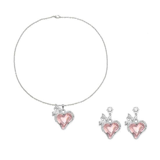 1 Set Love Heart Jewelry Rhinestone Faux Gem Heart Necklace And Earrings Women Heart Pendant Jewelry Set for Wedding Valentine's Day Gift
