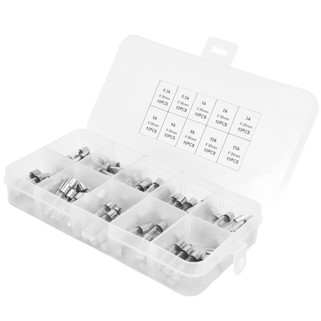 100 Stück Sicherung Schnellschmelzend Glas 0,2A 0,5A 1A 2A 3A 5A 8A 10A 15A 20A Set Kit zum Schutz