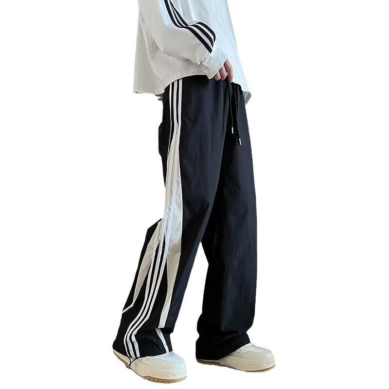 2025 Men's Loose Straight-Leg Casual Trousers - American Street Style with Three Stripes for Spring/Autumn