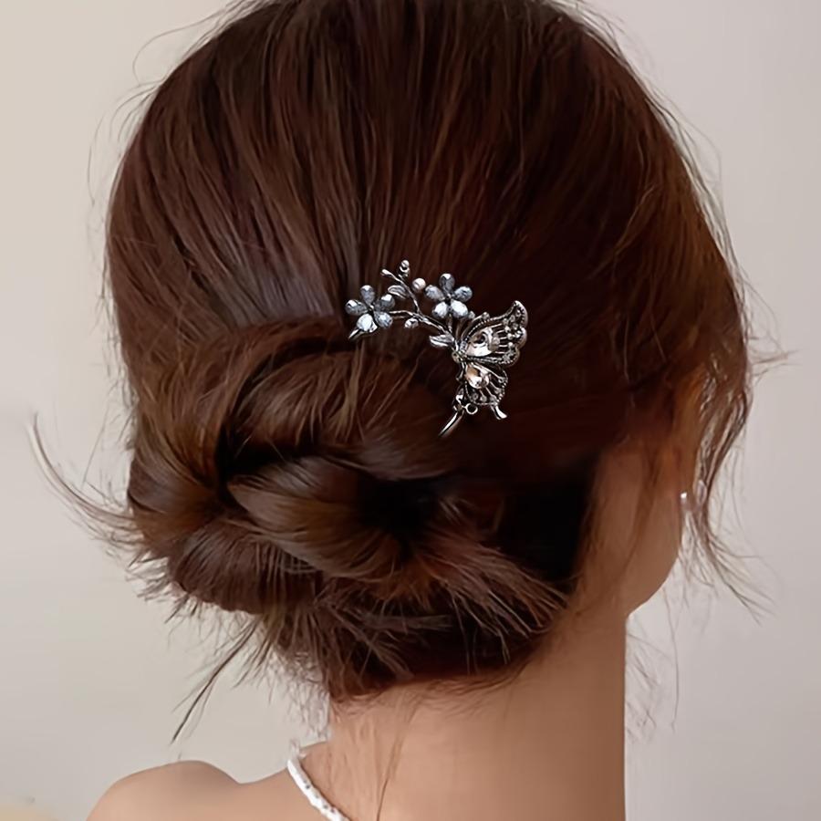 Butterfly fan U-shaped 2025 hair clip, women's rhinestone flower hair buckle, modern and simple hair tie at the back of the head