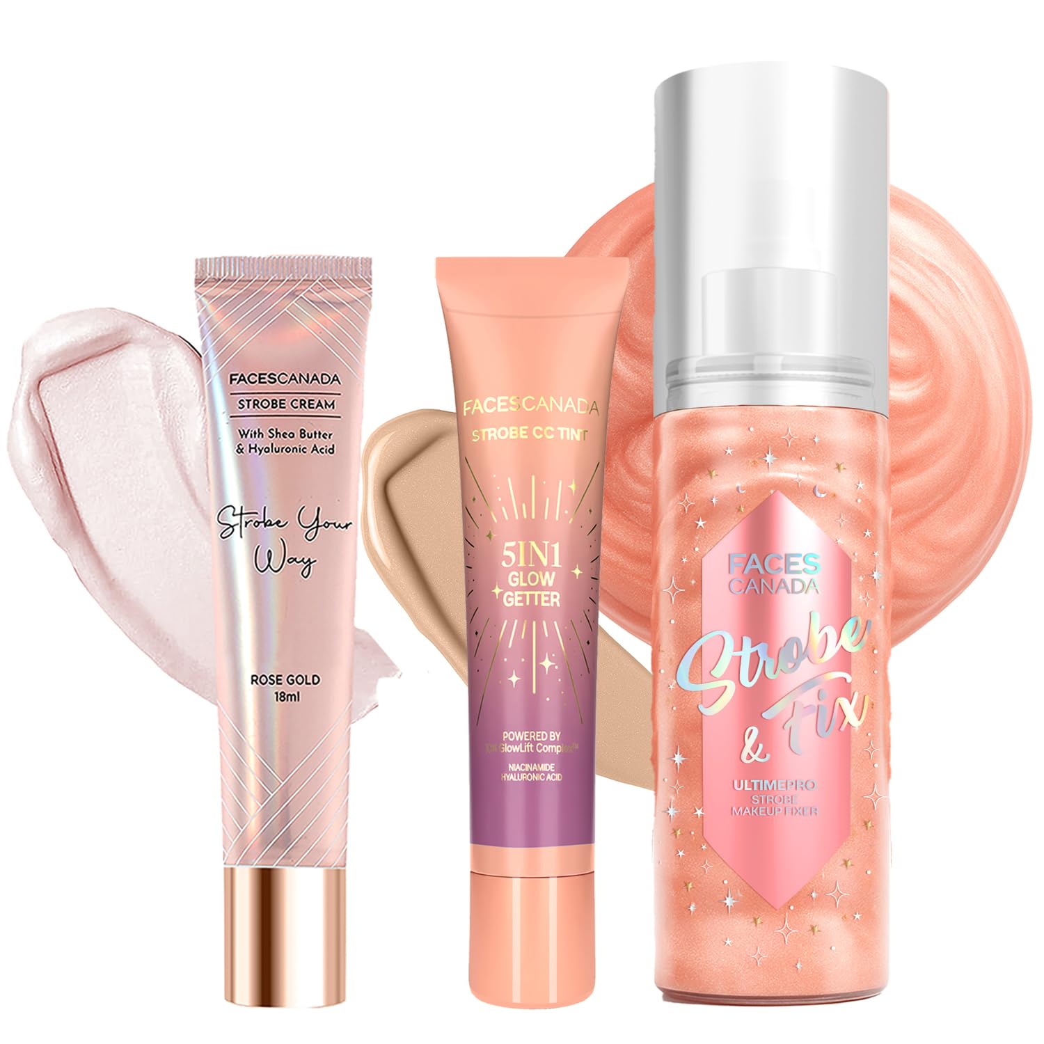 

FACES CANADA Glow All Day Trio | CC Tint - Paradise Vibes 01 (18ml) + Strobe - Rose Gold (18ml) + Makeup Fixer | 5-in-1 Serum + Moisturizer + Pri
