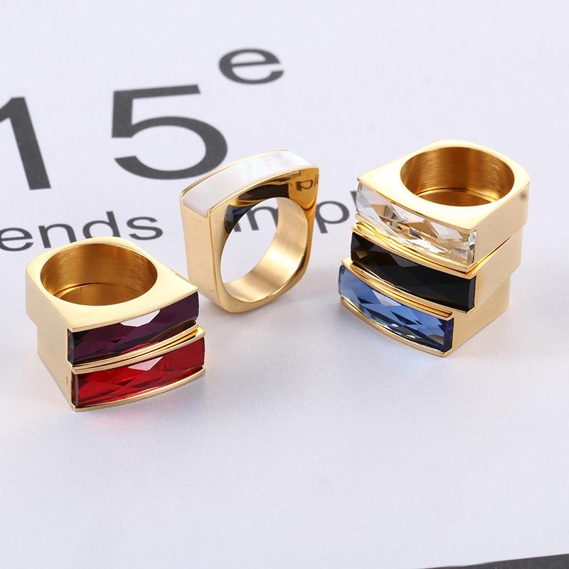 European-American Minimalist Gold Stainless Steel Multicolor Gemstone Ring for Women