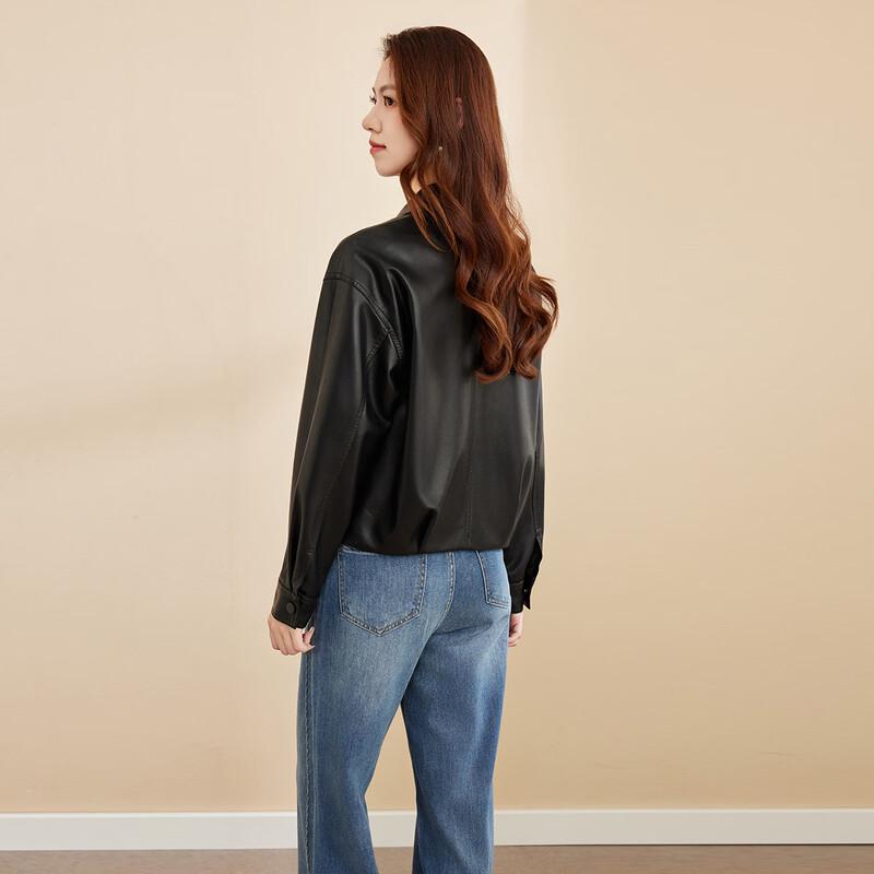 Sanpowa Women's Fall Lapel Single-Breasted Faux Leather Jacket