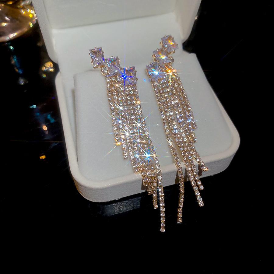 Silver Needle Zircon Diamond Square Tassel Earrings Heavy Industry Elegant Temperament Earrings Earrings Women