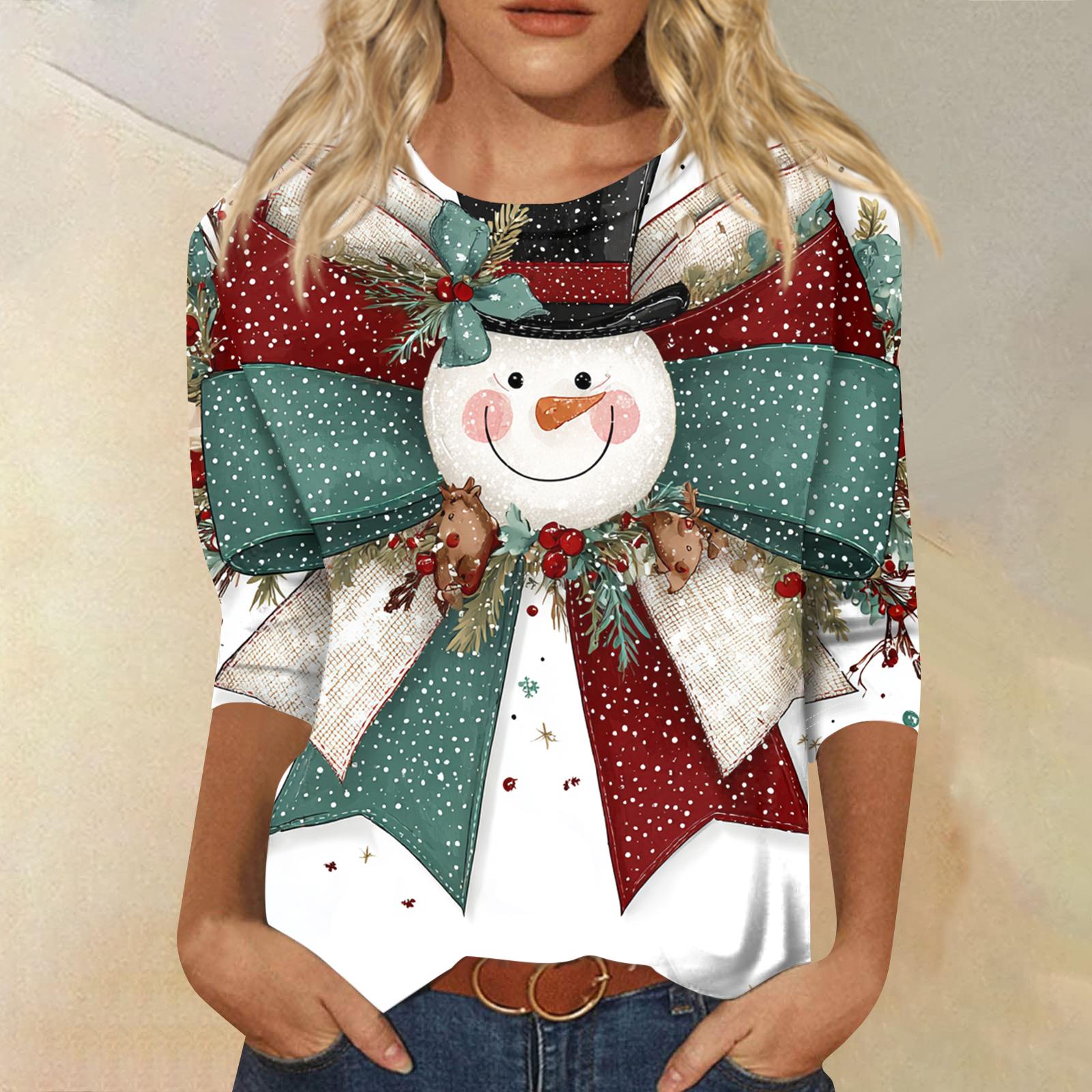 

Женская модная повседневная футболка с круглым вырезом и рукавом три четверти с рождественским принтом L