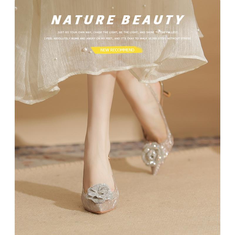 7520-7 [sheepskin] High Heels Women's Thin Heels 2025 New Pointed Empty Sandals Crystal Rose Wedding Shoes