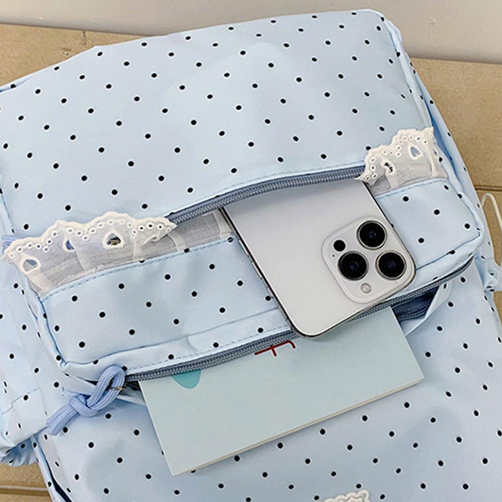 Polka Dot Backpack Cute Coquette Backpack with Lace Trim Kawaii Back Pack Everyday Daypack for Campus Classes and Weekend