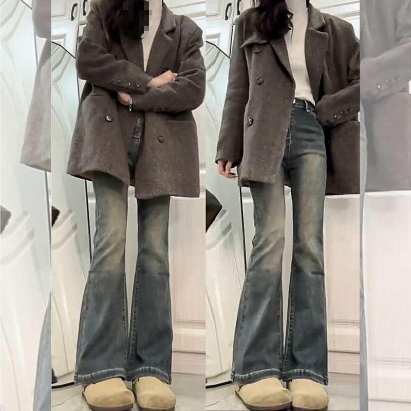 Petite Plus Size Pear Shape Flared High-Waisted Retro Blue Jeans for Women - Autumn/Winter 4XL