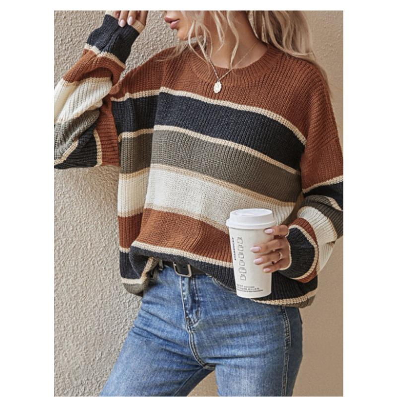 Women Loose Striped Long Sleeve Crew Neck Knit Sweater Autumn Winter