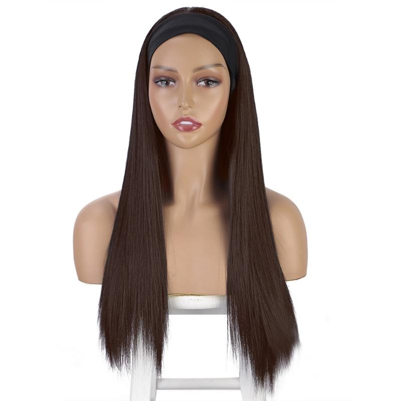 Meier Women's headscarf wig black ice silk headband long straight hair wig headwear