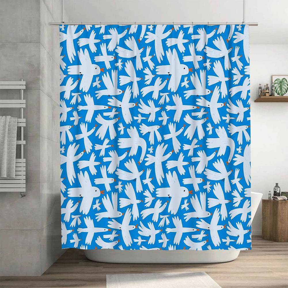 Blue Birds Shower Curtain Nature Birds Pattern Bathroom Decor Set Waterproof Fabric Liner Vintage Farmhouse Style Home Textile