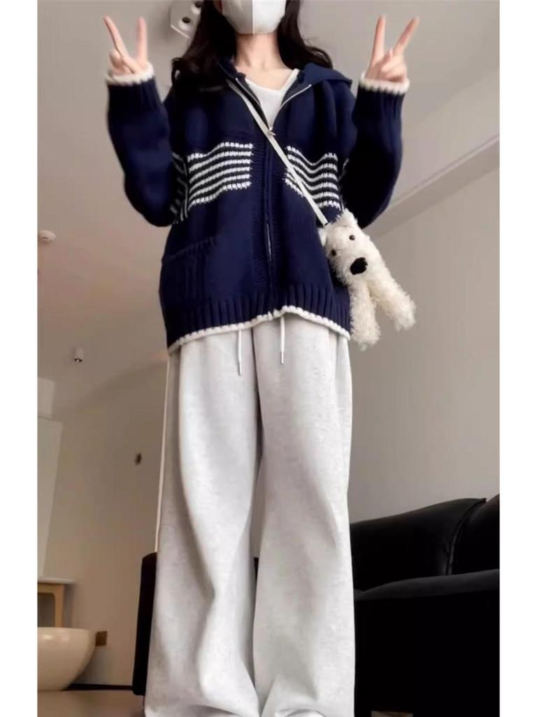 Hong Kong Chic Striped Hooded Cardigan for Women - Autumn/Winter Loose Knit Sweater Coat