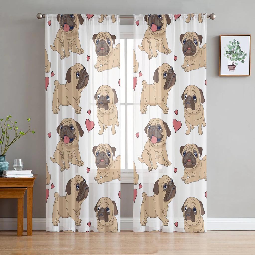 Light Filtering Bulldog Collie Animal Dog Tulle Curtains Living Room Bedroom Decoration Transparent Chiffon Voile Window Curtain Polyester Washable