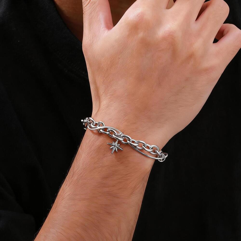 Hiphop Four-point Star Chain Bracelet for Men,Two Layers Stainless Steel Adjustable Chain Link Wristband Gift