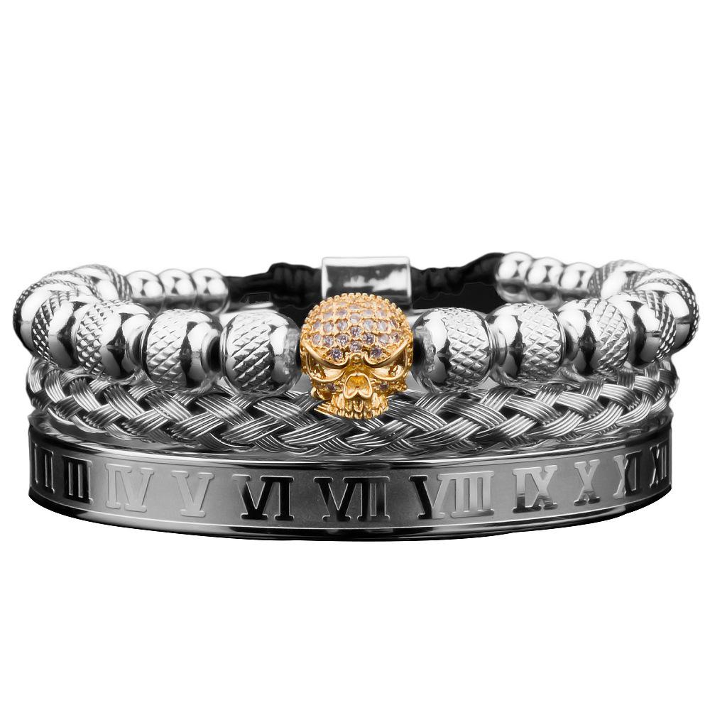 

Retro Skull & Roman Numeral Stainless Steel Bracelet Set