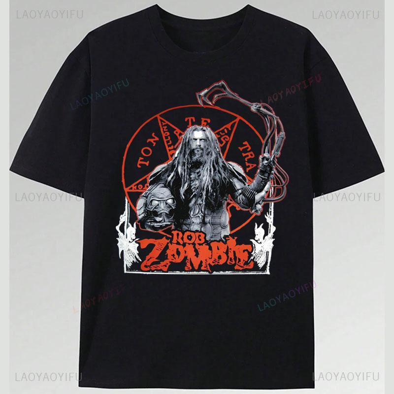 Speler Rob Zombie Polyester Shirt Horror Stijl USA Concert Tour Punk Grafische T-shirts Rock Band T-shirt Schedel Pentagram Ontwerp