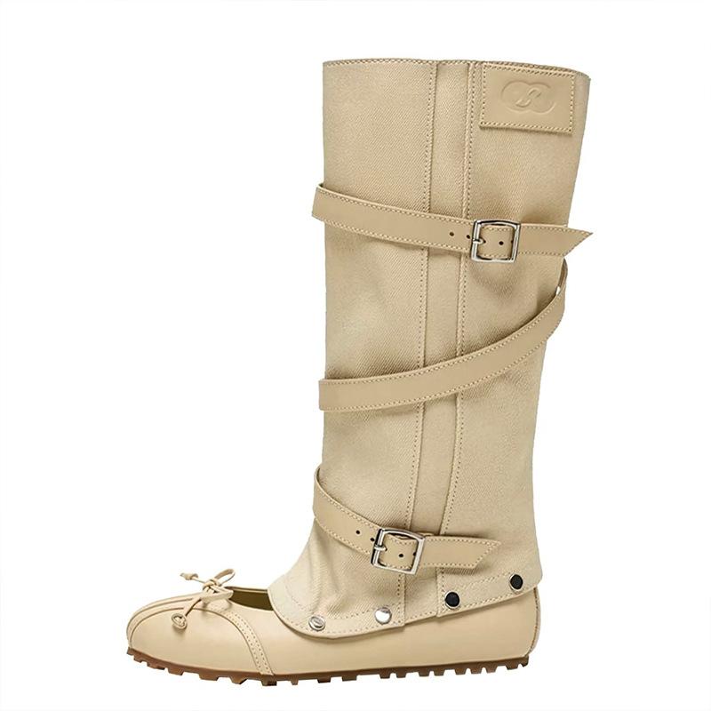 Leather niche design removable two-wear ballet stacking boots women's autumn new hollow belt buckle boots