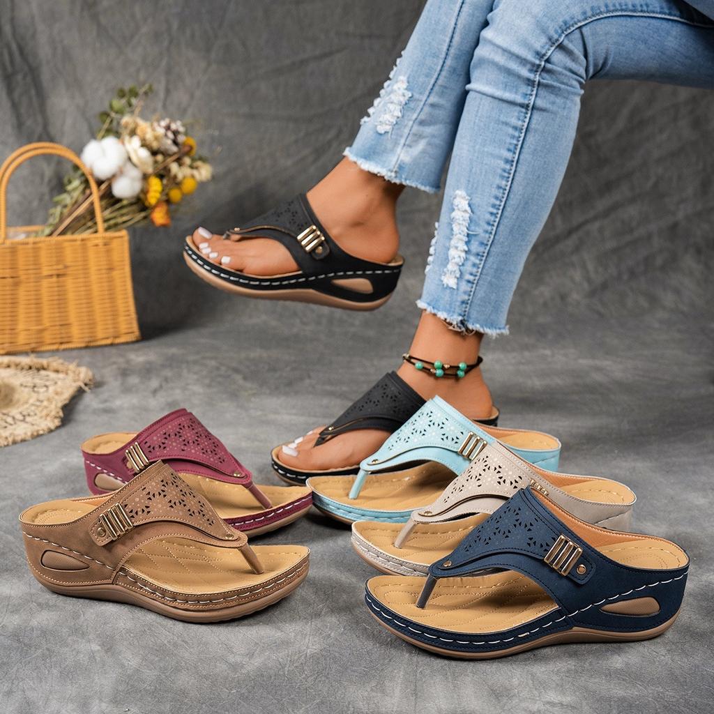 Flop Fashion Flip Thong Womens Sandals Cutout Design Soft Sole Slope Heel Metallic Embellishment Comfortable Beach Flip Flops Womens Sandals