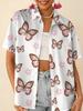 Gentle blue floral printed shirt for women, short-sleeve loose lapel design, niche vacation style top