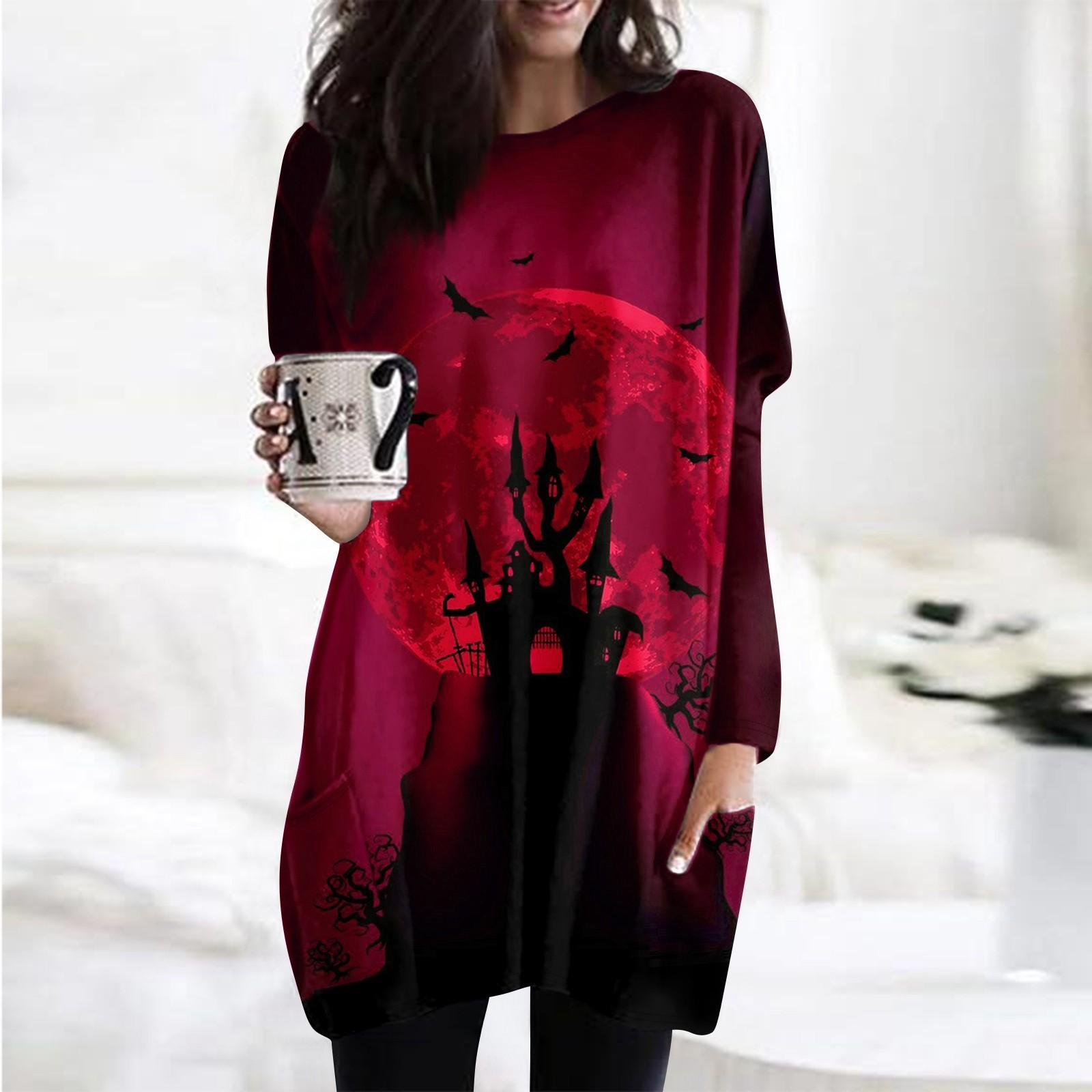 

Женская модная повседневная футболка с длинным рукавом и принтом на Хэллоуин с круглым вырезом и двумя карманами M горячий розовый