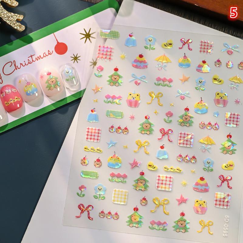 5D Laser Relief Weihnachts-Nagelsticker Schneeflocken Weihnachtsmann Elch Weihnachtsbaum Nagelaufkleber Geprägt Winter Weihnachten Maniküre Set