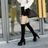 2026 Women's Over-the-Knee Chunky Heel Boots Super High Heels with Furry Lining Stretch Fabric Back Tie Slimming Long Boots