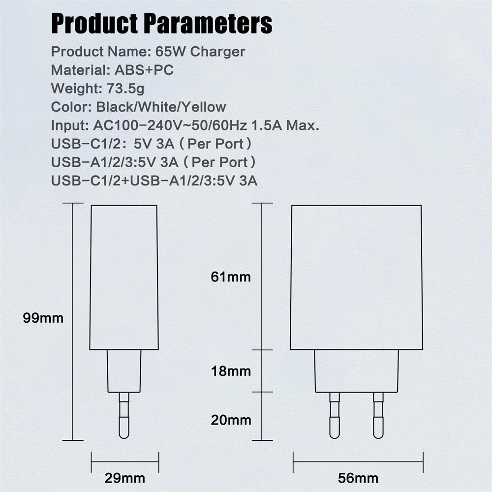 Total 65W USB C Charger Type C PD 5 Ports Mobile Phone Quick Fast Charging Wall Adapter for iPhone 16 Pro Xiaomi 15 Samsung S24
