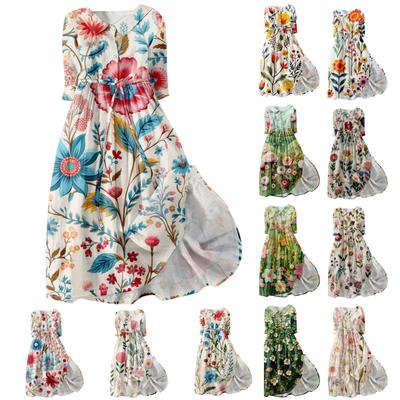 Moda feminina 3D Simulação Retro Floral Print Lapela Botão Três Quartos Manga Vestido