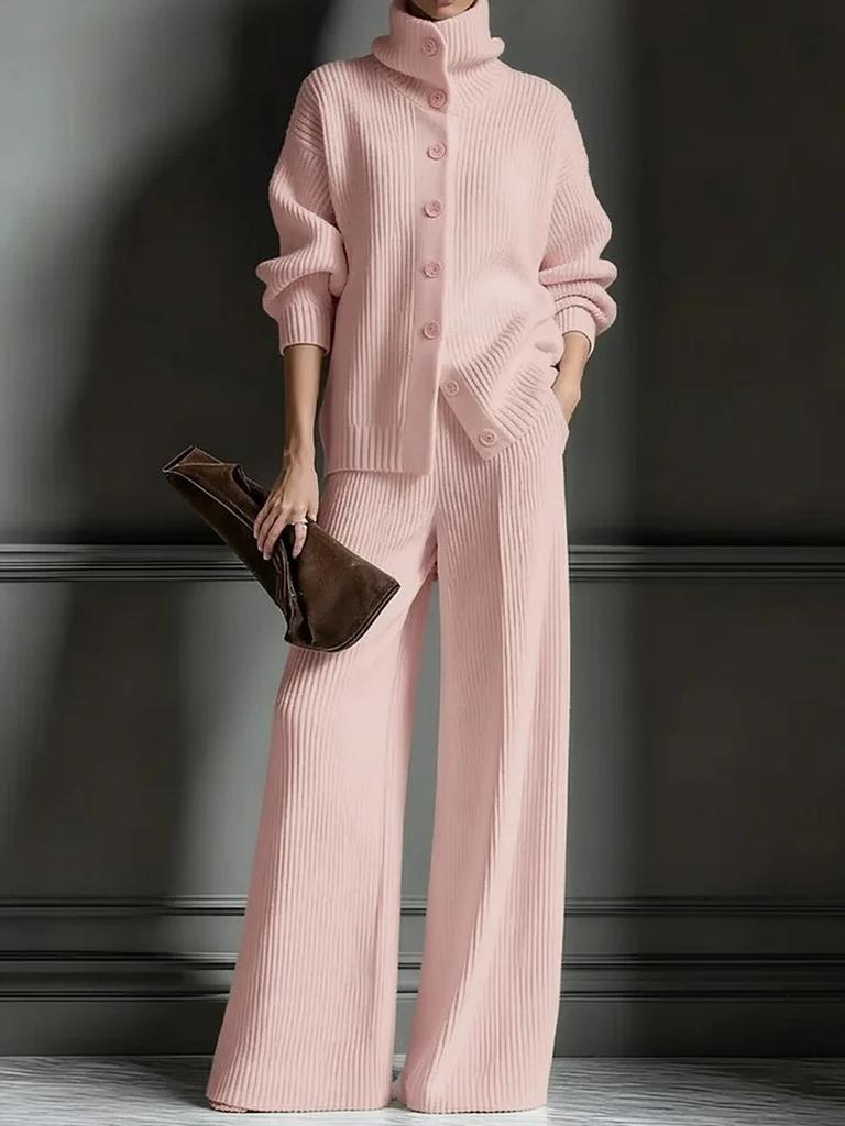 Podzim Zima Nový Pletený Kardigan s Vysokým Límcem Jednobarevný Dlouhý Rukáv Široké Kalhoty Set 2dílný Outfit