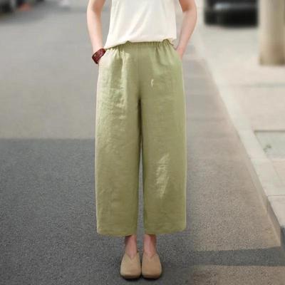Damen Sommer Einfarbig Dünner Abschnitt Haren Weitbein Hose Literarisch Locker Freizeit Gerade Neun-Minuten-Hose